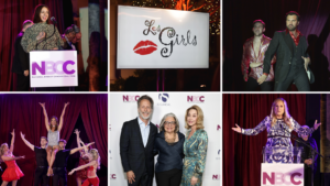 A collage of images from recent Les Girls events, featuring actors Maya Rudolph, Jennifer Coolidge, Steven Weber, Sharon Lawrence, Amber Stevens West, and NBCC President Fran Visco