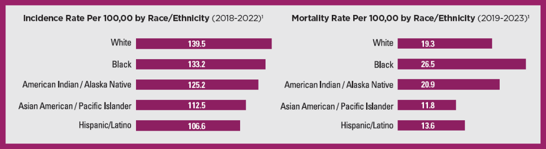  Incidence (2018-2022)1 Mortality (2019-2023)1 White 139.5 19.3 Black 133.2 26.5 American Indian/Alaska Native 125.2 20.9 Hispanic/Latina 112.5 11.8 Asian American/Pacific Islander 106.6 13.6 Rate per 100,000 women 